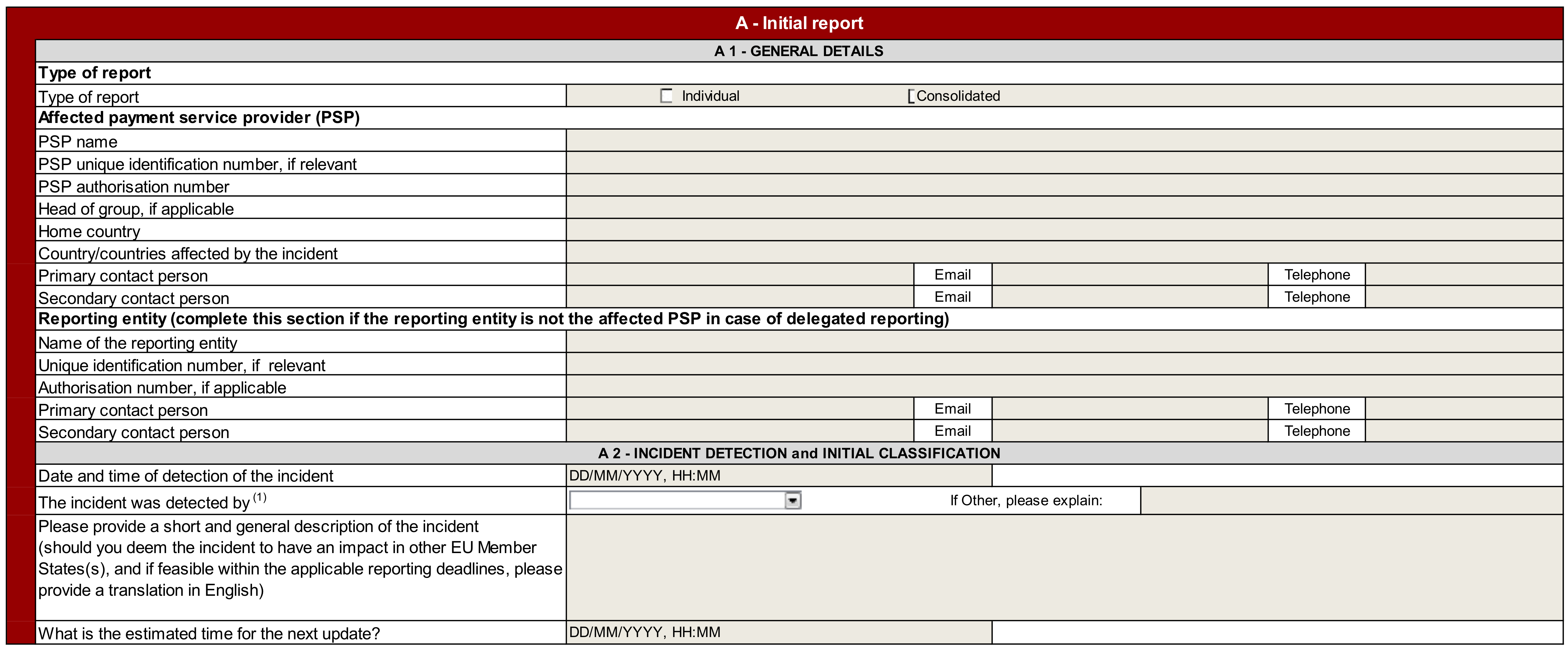 PSD2 Initial Incident Report form