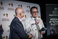 Huntsman Security CEO, Peter Woollacott accepting the Australian Technologies Competition 2019 award for cyber security in relation to the Essential 8 Scorecard