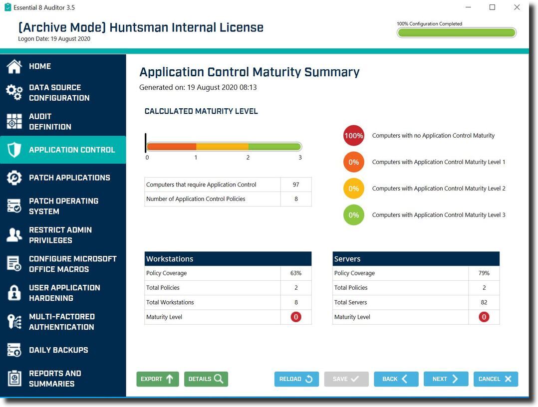 Essential 8 Auditor Application Control Maturity Summary screen