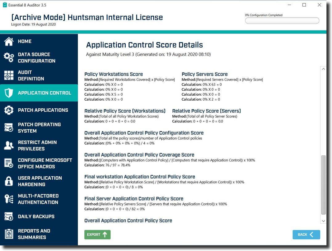 Essential 8 Auditor Application Control Score Details screen